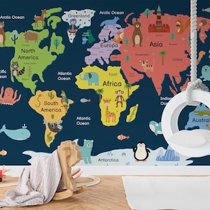 Weltkarte Tapete fürs Kinderzimmer, Lernwandbild für Kinderzimmer Wandtattoo Weltkarte Lustige Weltkarte Wandbilder fürs Kinderzimmer