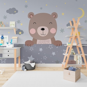 Cute bear nursery wall mural Peel and stick animal wallpaper for baby room Removable vinyl wallpaper for toddler room Bear wall decals