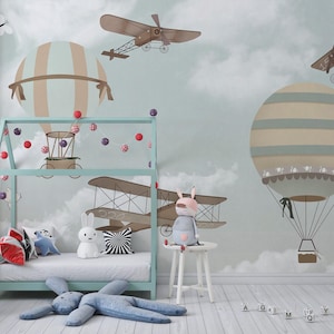 Airplane nursery wallpaper peel and stick Flying planes wall decor for playroom Aviation wall decals Hot air balloon wallpaper for kids room