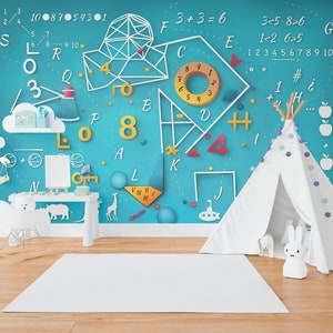 Carta da parati didattica per la sala giochi, numeri e lettere, carta da parati per la stanza dei bambini, carta da parati per bambini con matematica e geometria, murale con numeri e lettere