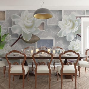 Carta da parati murale con rose bianche Carta da parati geometrica pastello Murales staccabili e attaccabili Murales floreali astratti Murales con rose 3D per interni