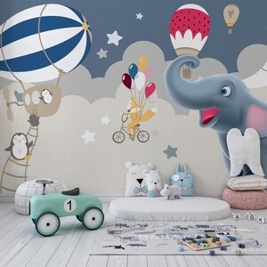 Hot air balloon wallpaper for nursery Peel and stick animal wall mural Colorful kids room wallpaper with animals Fox and elephant decals