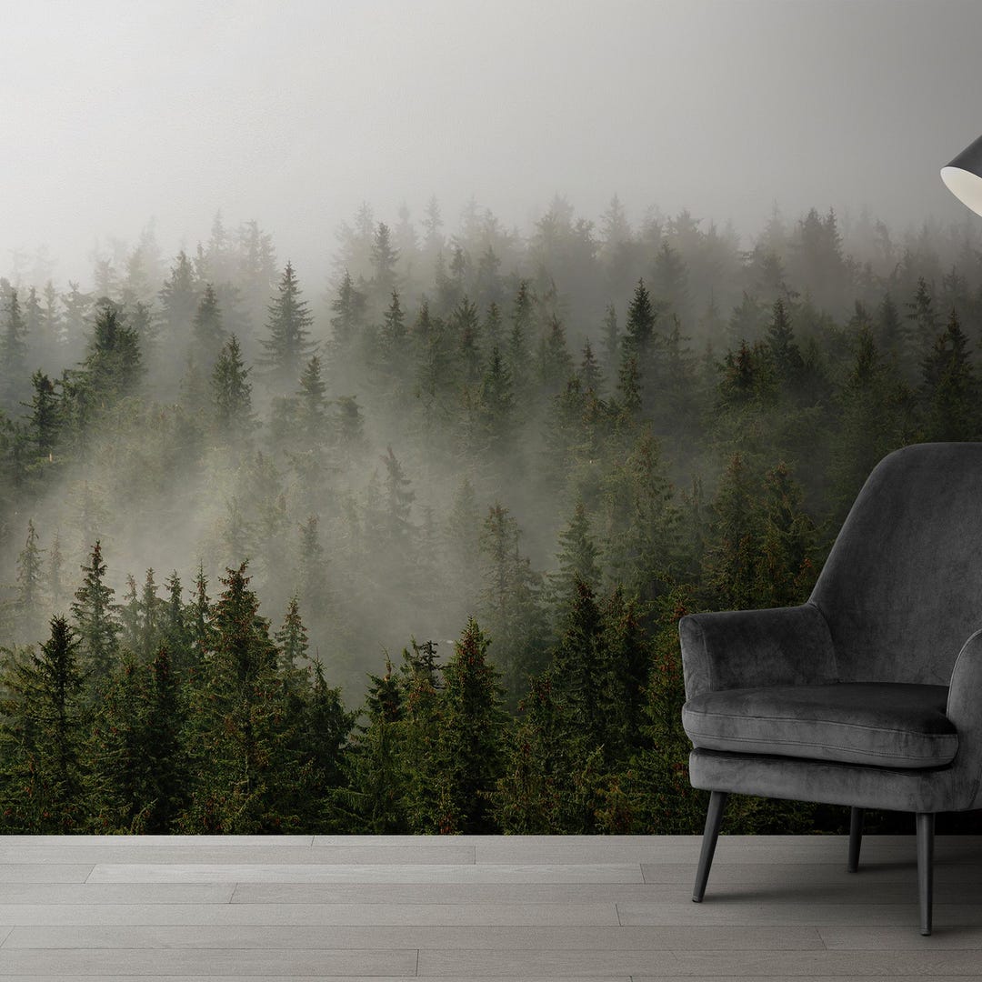 Forest Wall Mural for Living Room Misty Pine Tree Wallpaper Peel and ...