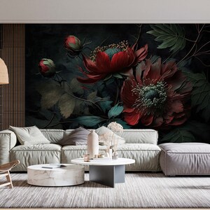 Red Flower Wall Mural Peel and Stick Dark Floral Wallpaper for Living ...