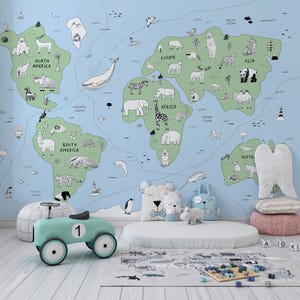 Papel tapiz para colorear de mapas para habitación de niños Papel tapiz interactivo para niños Calcomanías de pared con mapas del mundo para sala de juegos Papel tapiz con mapas de animales para niños