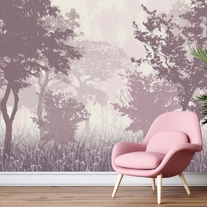 Papier peint forêt brumeuse, papier peint arbre violet, papier peint autocollant, papier peint forêt moderne pour chambre, salon, décoration intérieure, cadeau