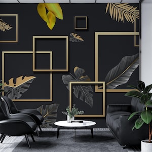 Murale astratto geometrico nero e oro Murale con carta da parati a foglia astratta Carta da parati con giungla tropicale Murali staccabili e attaccabili Motivo senza soluzione di continuità