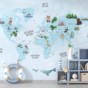 Carta da parati con mappa del mondo animale per la sala giochi, murale con mappa educativa, adesivi con mappa del mondo per bambini, carta da parati con geografia interattiva per bambini
