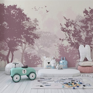 Misty forest wall mural Purple tree wallpaper Peel and stick wall murals Modern forest mural for bedroom living room decor Home decor gift