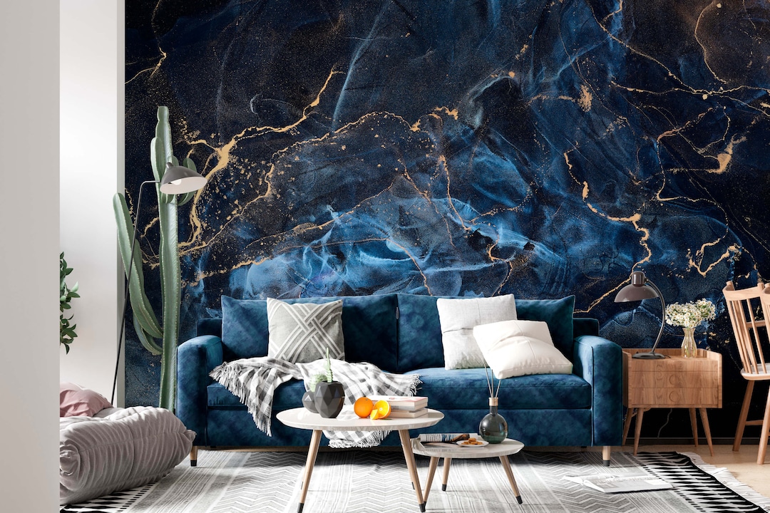Navy Blue and Gold Marble Wallpaper Mural - Peel and Stick - Etsy Australia