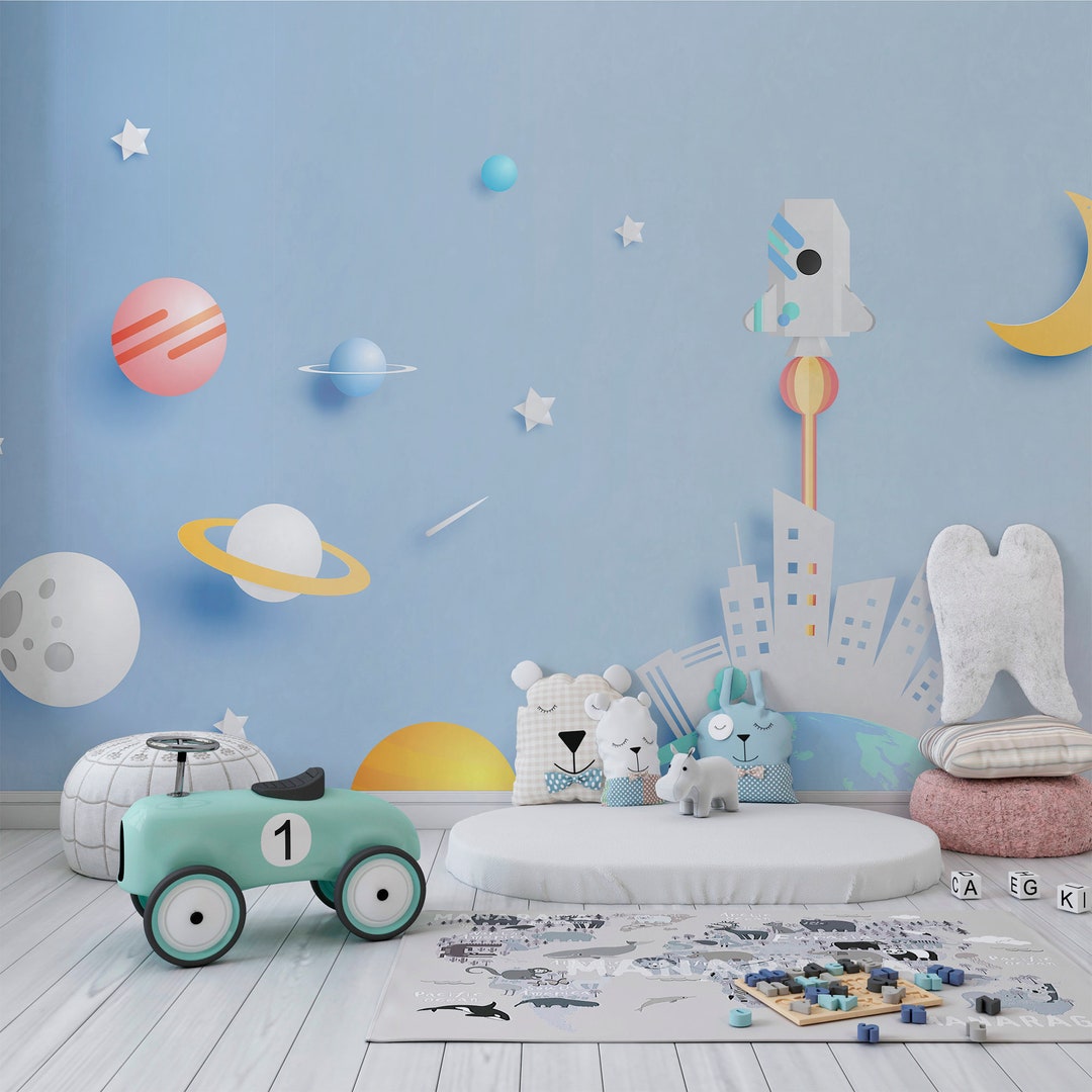 Planets & Stars Wallpaper Space Decor for Kids Room Peel and Stick ...