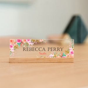 Teacher Name Plate for Desk, Office Name Plate with Flowers, Personalized Desk Sign, Business Gift, Custom Office Decor