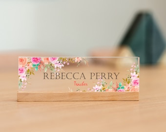 Teacher Name Plate for Desk, Office Name Plate with Flowers, Personalized Desk Sign, Business Gift, Custom Office Decor