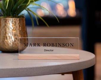 Personalized Acrylic Desk Name Plate: Custom Office Sign with Wood Base