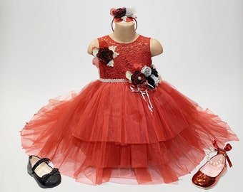 Rotes Prinzessinnenkleid I 3D Blumenmädchenkleider I Prinzessin Peach Kleid I Besticktes Kleid I Tüllkleid I Geburtstagskleid I Mädchen-Partykleid