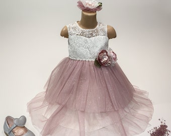 Blumenmädchenkleid I Feenkleid I Geburtstagsoutfit I Kinderhochzeitskleid I Rosa Mädchenkleid I Tüllkleid I Prinzessinnenkleid I Flauschiges Kleid