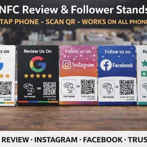 May include: Five review and follower stands with NFC technology. Each stand displays a logo for Google, Instagram, Facebook, and Trustpilot, with QR codes and the text "Tap Phone". The stands are designed to work on all phones.
