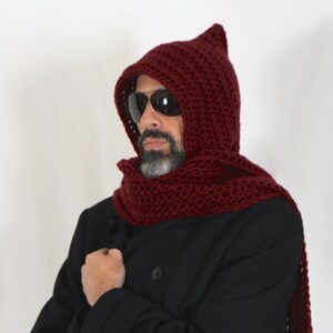 Mens long hooded scarf, burgundy hooded scarf, open ends scarf, hooded scarf, chunky knit scarf, long scarf, mens scoodie, Calypso Long