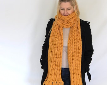 Long scarf, chunky scarf, winter scarf, crochet scarf, mustard scarf, scarf with fringe, scarves for women, scarves for men, handmade scarf