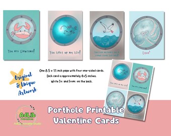 Afdrukbare Valentijnsdagkaarten met patrijspoort als zeethema Valentine