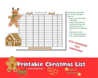 Printable Christmas List Gingerbread Design