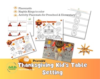 Thanksgiving Printable Kid's Table Place Settings with Activity Placemats, Napkin Rings, and Place Cards