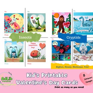 Kid&#39;s Printable Valentine&#39;s Day Cards with Insects and Cryptids