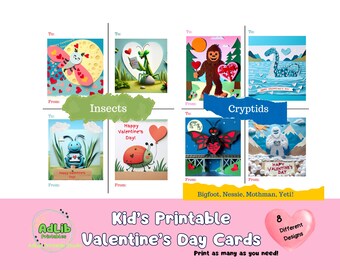 Kid's Printable Valentine's Day Cards with Insects and Cryptids
