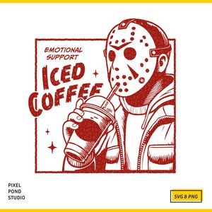 SVGPNG illustration of the famous horror character drinking iced coffee through his mask, labeled with the text Emotional Support Iced Coffee. This Quirky and humorous design blends the iconic Halloween horror with coffee culture
