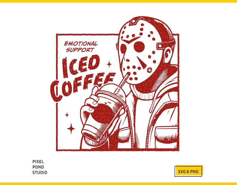 SVGPNG illustration of the famous horror character drinking iced coffee through his mask, labeled with the text Emotional Support Iced Coffee. This Quirky and humorous design blends the iconic Halloween horror with coffee culture