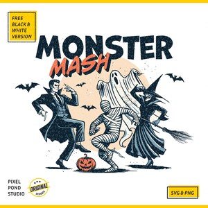 May include: A colourful illustration of a monster mash with a vampire, a mummy, a witch, and a ghost. The text "Monster Mash" is in large letters at the top of the image.