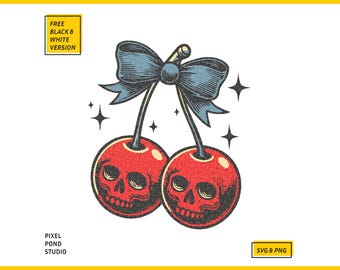 Skull Cherries coquette SVG PNG in Trendy Vintage Retro Halloween design for Tees, Wall art, Stickers, Magnet, Tote Bags Etc.