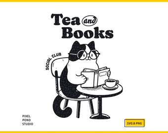Tea and Books Cat Social Club, Vintage Retro Trendy Digital Design SVG PNG