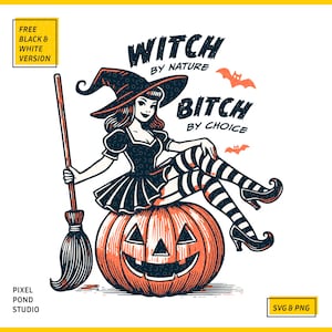 Bruja vintage en un huerto de calabazas: Halloween SVG PNG (Diseño digital)