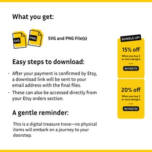 May include: A yellow and white graphic with the text "What you get:" and images of a SVG and PNG file. The text "SVG and PNG File(s)" is below the images. The graphic also includes two yellow and white discount boxes with the text "BUNDLE UP! 15% off When you buy 3 or more designs Code: BUY3GET15" and "20% off When you buy 5 or more designs Code BUY5GET20". The text "Easy steps to download:" is below the images and discount boxes. The text "After your payment is confirmed by Etsy, a download link will be sent to your email address with the final files. These can also be accessed directly from your Etsy orders section." is below the text "Easy steps to download:". The text "A gentle reminder:" is below the text "Easy steps to download:". The text "This is a digital treasure trove-no physical items will embark on a journey to your doorstep." is below the text "A gentle reminder:".