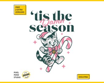 Kitten and Candy Cane - Tis the Damn Season. Funny Vintage Cat Digital Design