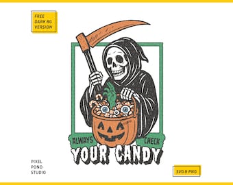 Funny Halloween Reaper Candy Bucket: Retro Digital Design (SVG PNG)