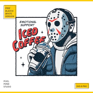SVGPNG illustration of the famous horror character drinking iced coffee through his mask, labeled with the text Emotional Support Iced Coffee. This Quirky and humorous design blends the iconic Halloween horror with coffee culture