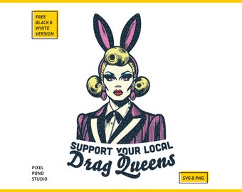 Puede incluir: Una ilustración colorida de una drag queen con una diadema de orejas de conejo rosa, un traje a rayas rosa y negro y grandes pendientes rosas. El texto "Support Your Local Drag Queens" está escrito debajo de la imagen.