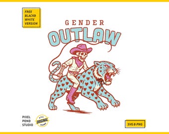 Vintage Skeleton Cowboy & Tiger: Gender Outlaw, Vintage Retro Trendy LGBTQ+ Digital Design SVG PNG