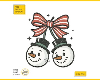 Vintage Snowman Cherries SVG PNG - Retro Christmas Croquet Bow Holiday Design