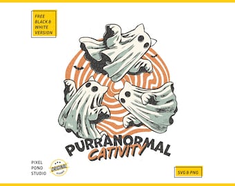 Halloween - Purranormal Cativity SVG PNG in Trendy Vintage Halloween cat design for Tees, Wall art, Stickers, Tote Bags etc