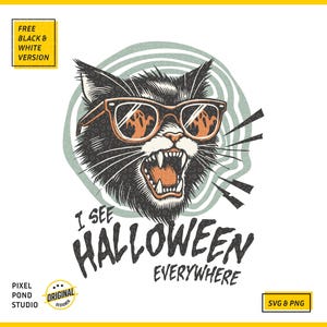 Pode incluir: Um gato preto com óculos de sol e a boca aberta, com uma expressão assustadora. O gato está rodeado por um padrão verde e branco em espiral. O texto "I see Halloween everywhere" está abaixo do gato.