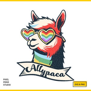 Könnte beinhalten: Eine Cartoon-Illustration eines Alpakas, das eine Regenbogen-Herz-Sonnenbrille trägt, mit dem Text "Ally-paca" auf einem Banner darunter.