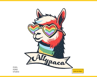 Alpaca with Rainbow Glasses: Ally-Paca, Vintage Retro Trendy Pride LGBTQ Digital Design SVG PNG