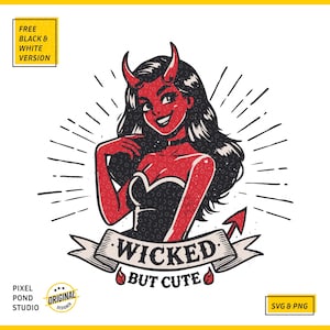 Puede incluir: Una mujer diablo roja con cuernos y un vestido negro, con un diseño gráfico de estilo vintage. El texto "Wicked but Cute" está en una pancarta con un corazón rojo y una gota de sangre.