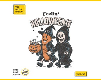 Witch Sausage & Reaper: Feelin' Halloweenie, Vintage Retro Trendy Halloween Digital Design SVG PNG