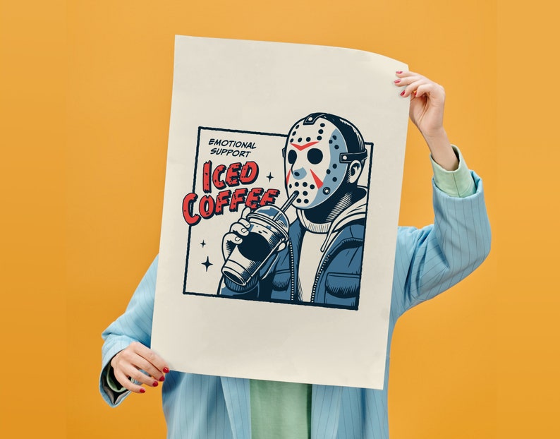 SVGPNG illustration of the famous horror character drinking iced coffee through his mask, labeled with the text Emotional Support Iced Coffee. This Quirky and humorous design blends the iconic Halloween horror with coffee culture