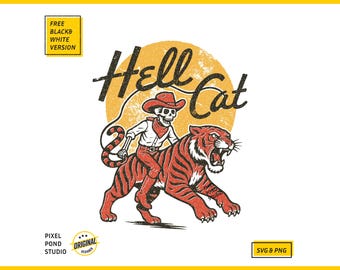 Skeleton Cowboy Riding Tiger: Hell Cat, Vintage Retro Trendy Digital Design SVG PNG
