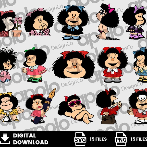 Clipart, Mafalda Svg, meisje Svg, roze Svg, Junior Svg, liefde Svg, animatie Svg, digitale download, PNG, SVG, Cricut, silhouet